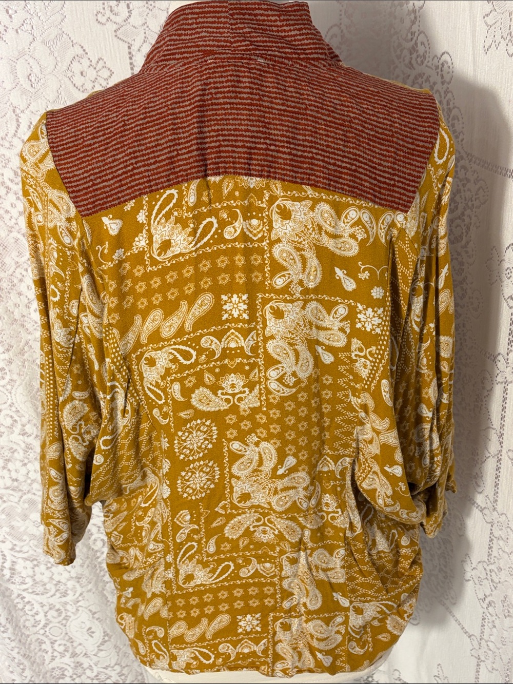 Mystree Mustard Paisley Open Front Cardigan with Rust Trim - Picture 4 of 8